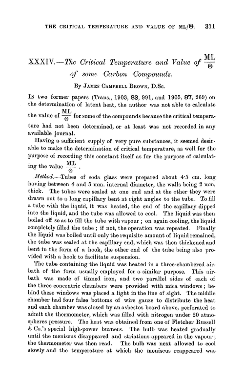 XXXIV.—The critical temperature and value of ML/Θ of some carbon compounds