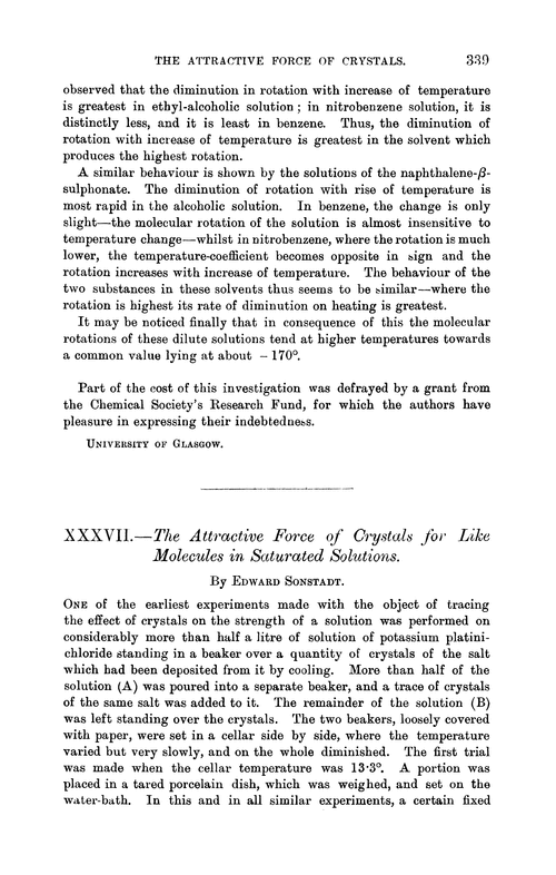 XXXVII.—The attractive force of crystals for like molecules in saturated solutions