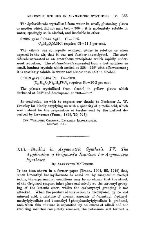 XLI.—Studies in asymmetric synthesis. IV. The application of Grignard's reaction for asymmetric syntheses