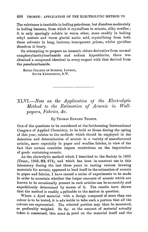 XLVI.—Note on the application of the electrolytic method to the estimation of arsenic in wall-papers, fabrics, &c.