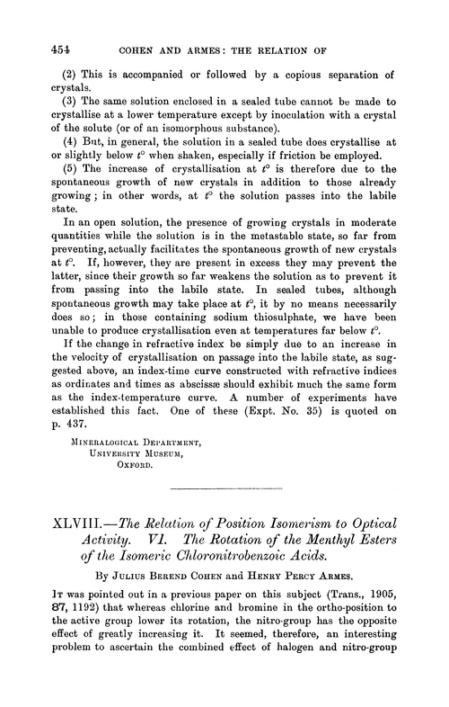 XLVIII.—The relation of position isomerism to optical activity. VI. The rotation of the menthyl esters of the isomeric chloronitrobenzoic acids