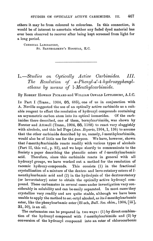 L.—Studies on optically active carbimides. III. The resolution of α-phenyl-α′-4-hydroxyphenylethane by means of l-menthylcarbimide