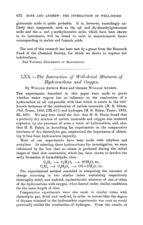 LXX.—The interaction of well-dried mixtures of hydrocarbons and oxygen