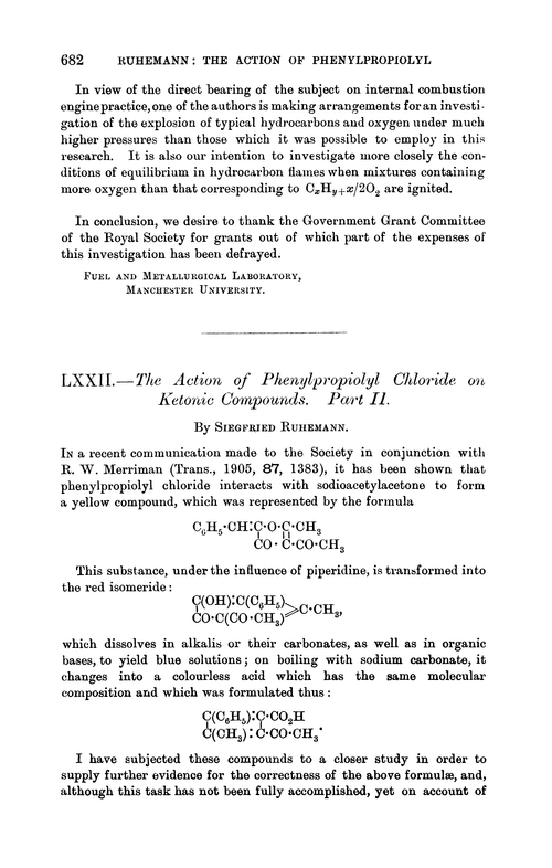 LXXII.—The action of phenylpropiolyl chloride on ketonic compounds. Part II