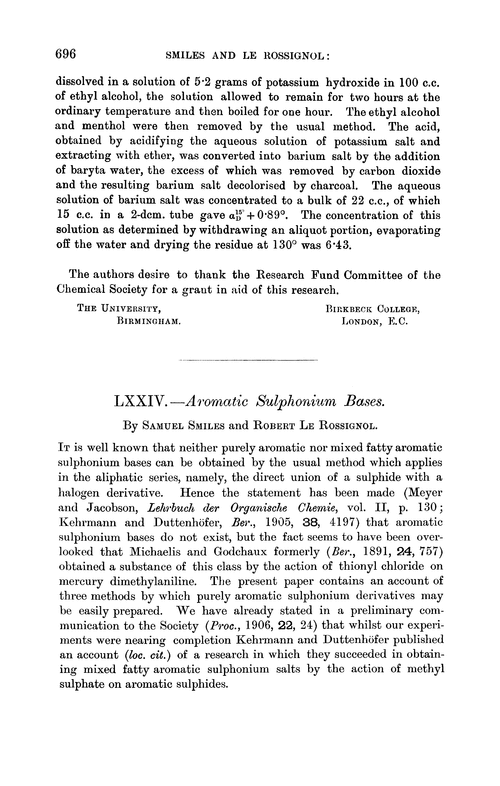 LXXIV.—Aromatic sulphonium bases