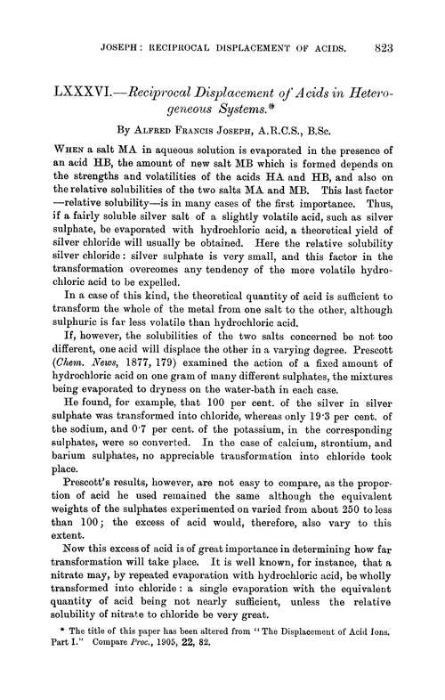 LXXXVI.—Reciprocal displacement of acids in heterogeneous systems