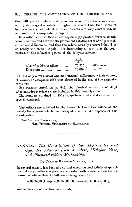 LXXXIX.—The constitution of the hydroxides and cyanides obtained from acridine, methylacridine, and phenanthridine methiodides