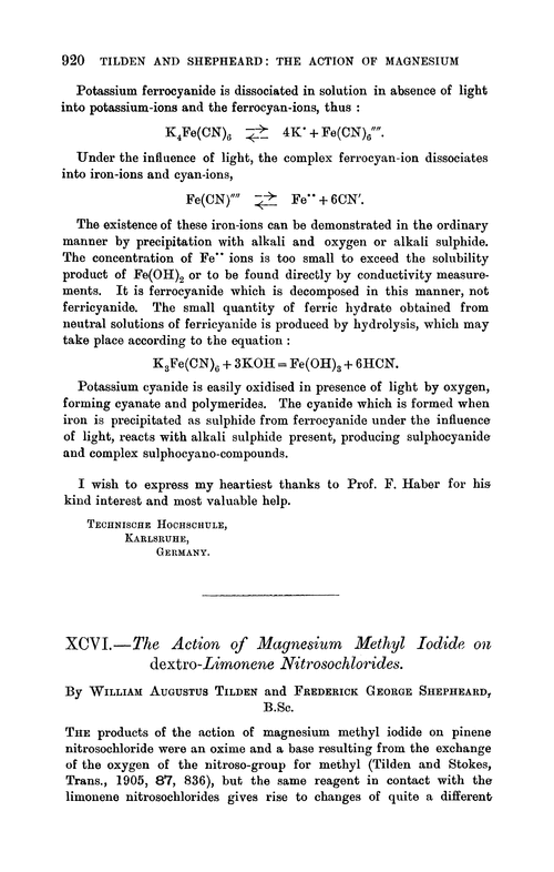 XCVI.—The action of magnesium methyl iodide on dextro-limonene nitrosochlorides
