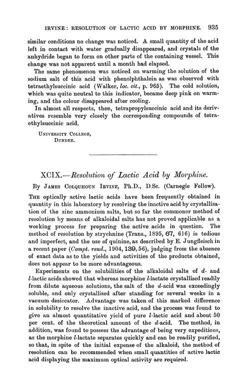 XCIX.—Resolution of lactic acid by morphine