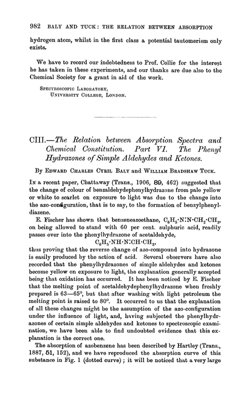 CIII.—The relation between absorption spectra and chemical constitution. Part VI. The phenyl hydrazones of simple aldehydes and ketones