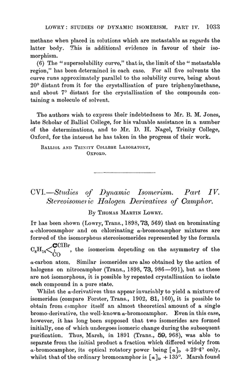 CVI.—Studies of dynamic isomerism. Part IV. Stereoisomeric halogen derivatives of camphor