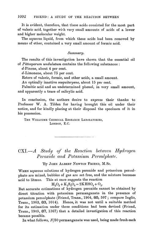 CXI.—A study of the reaction between hydrogen peroxide and potassium persulphate