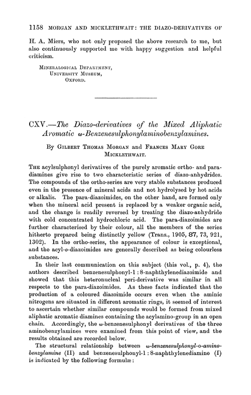 CXV.—The diazo-derivatives of the mixed aliphatic aromatic ω-benzenesulphonylaminobenzylamines
