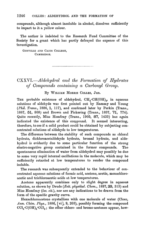 CXXVI.—Aldehydrol and the formation of hydrates of compounds containing a carbonyl group