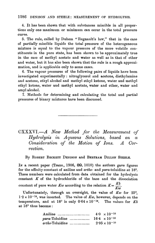 CXXXVI.—A new method for the measurement of hydrolysis in aqueous solutions, based on a consideration of the motion of ions. A correction