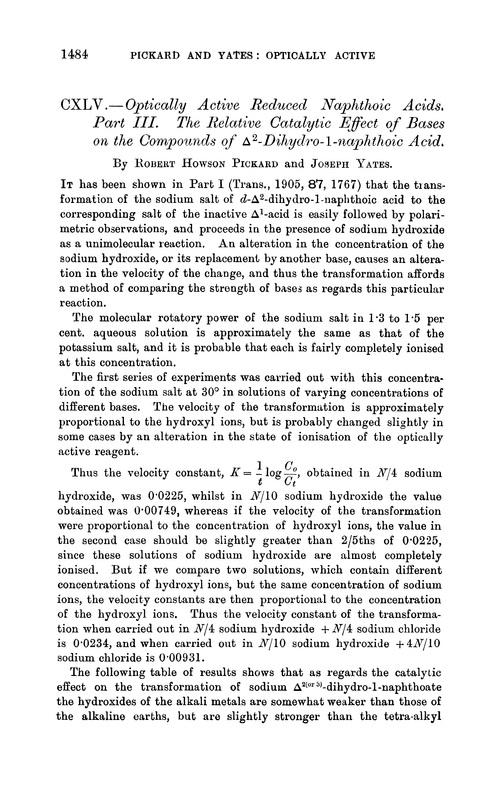 CXLV.—Optically active reduced naphthoic acids. Part III. The relative catalytic effect of bases on the compounds of Δ2-dihydro-1-naphthoic acid