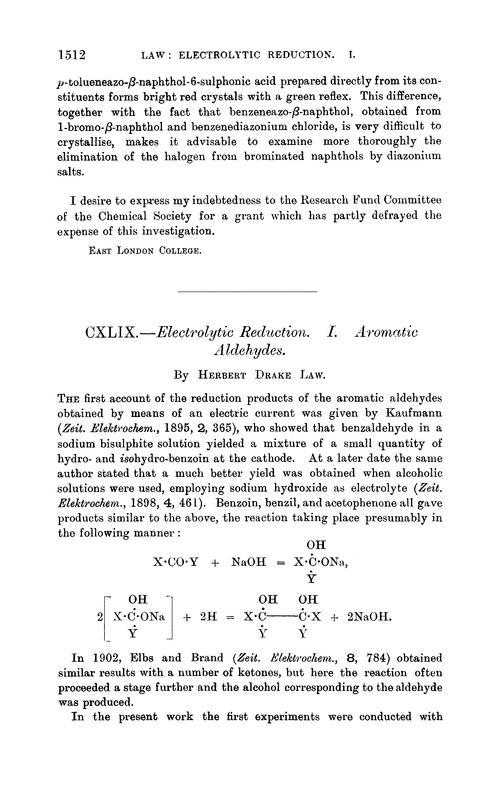 CXLIX.—Electrolytic reduction. I. Aromatic aldehydes