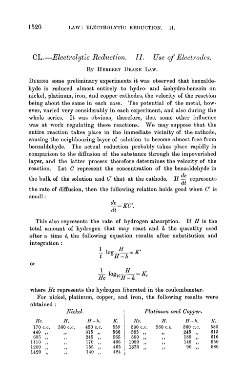 CL.—Electrolytic reduction. II. Use of electrodes
