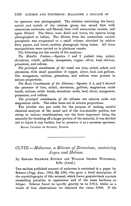 CLVIII.—Malacone, a silicate of zirconium, containing argon and helium
