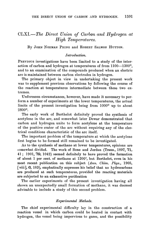 CLXI.—The direct union of carbon and hydrogen at high temperatures