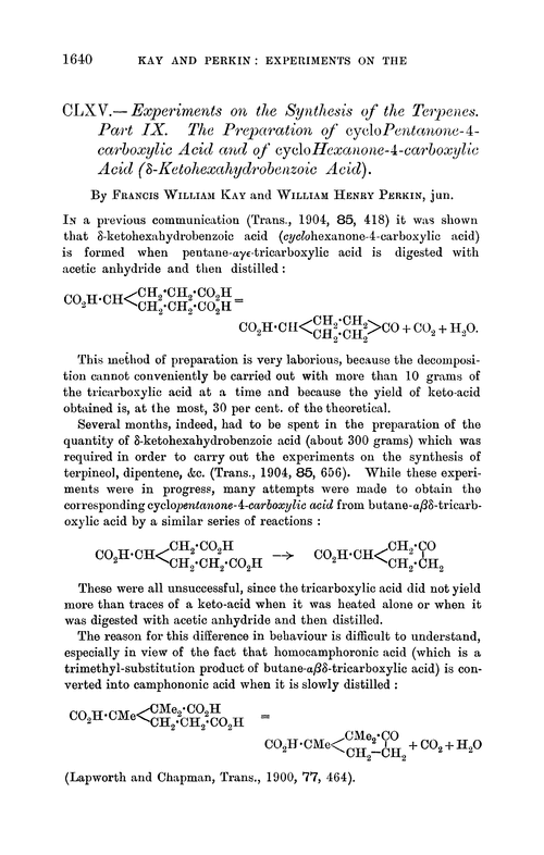 CLXV.—Experiments on the synthesis of the terpenes. Part IX. The preparation of cyclopentanone-4-carboxylic acid and of cyclohexanone-4-carboxylic acid (δ-ketohexahydrobenzoic acid)