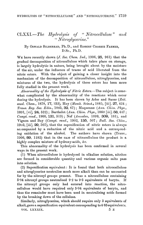 CLXXI.—The hydrolysis of “nitrocellulose” and “nitroglycerine”