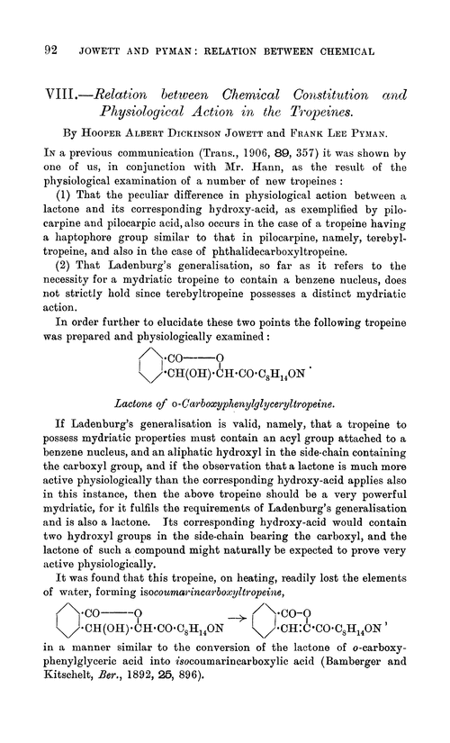 VIII.—Relation between chemical constitution and physiological action in the tropeines