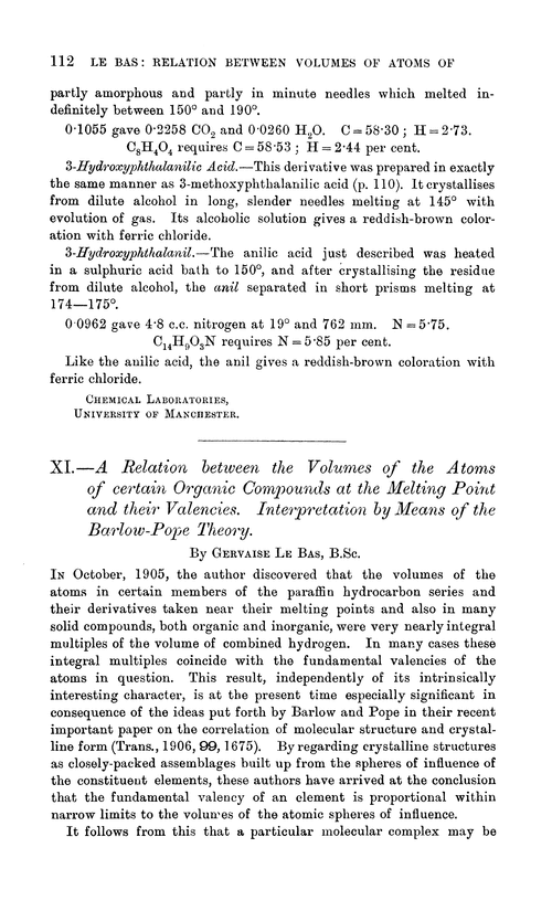 XI.—A relation between the volumes of the atoms of certain organic compounds at the melting point and their valencies. Interpretation by means of the Barlow-Pope theory