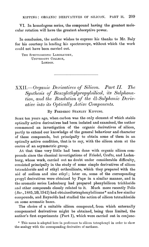 XXII.—Organic derivatives of silicon. Part II. The synthesis of benzylethylpropylsilicol, its sulphonation, and the resolution of the dl-sulphonic derivative into its optically active components