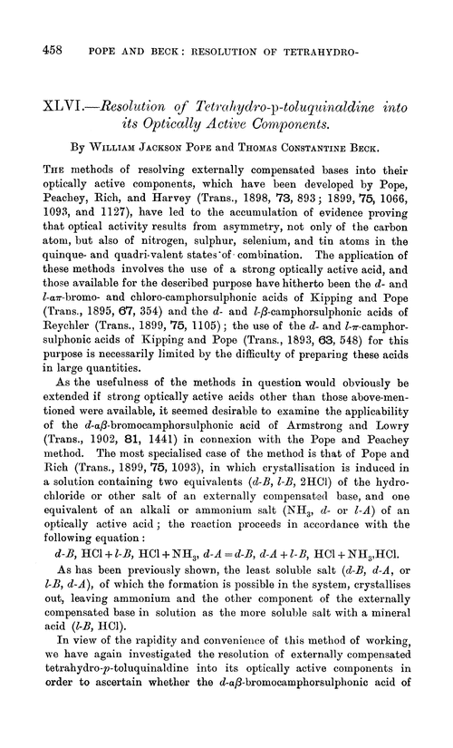 XLVI.—Resolution of tetrahydro-p-toluquinaldine into its optically active components