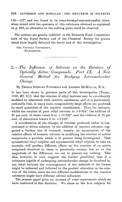 L.—The influence of solvents on the rotation of optically active compounds. Part IX. A new general method for studying intramolecular change