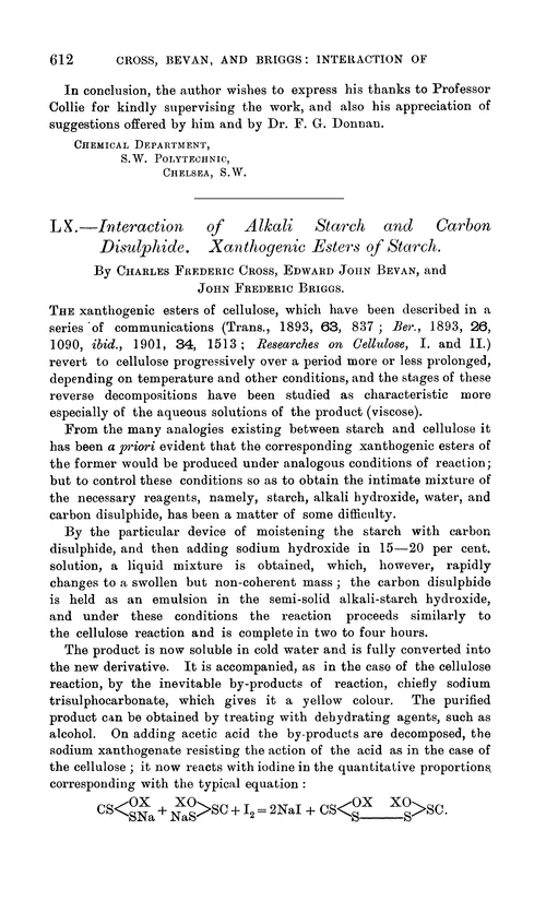 LX.—Interaction of alkali starch and carbon disulphide. Xanthogenic esters of starch