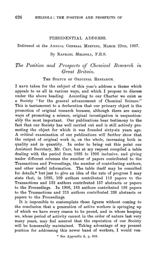 Presidential address. The position and prospects of chemical research in Great Britain