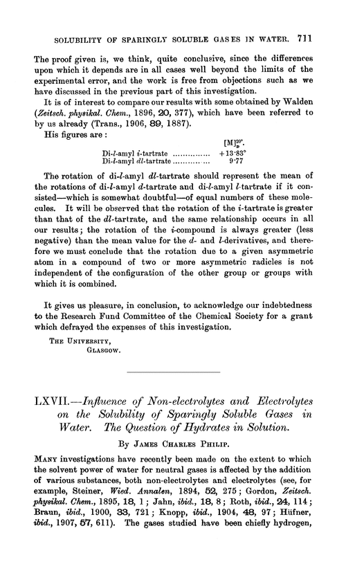 LXVII.—Influence of non-electrolytes and electrolytes on the solubility of sparingly soluble gases in water. The question of hydrates in solution