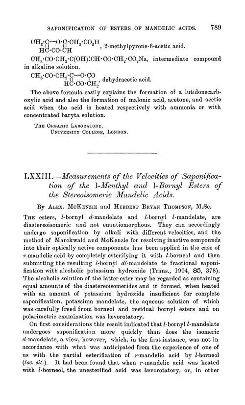 LXXIII.—Measurements of the velocities of saponification of the l-menthyl and l-bornyl esters of the stereoisomeric mandelic acids