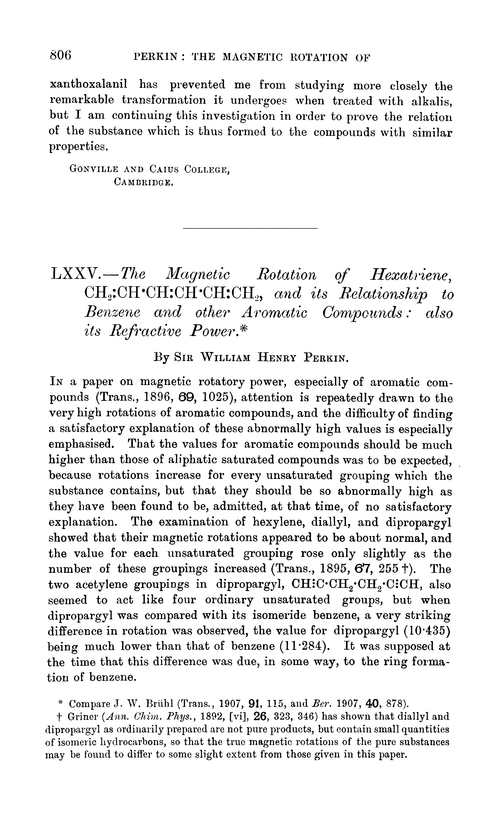 LXXV.—The magnetic rotation of hexatriene, CH2:CH·CH:CH·CH:CH2, and its relationship to benzene and other aromatic compounds: also its refractive power