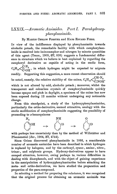 LXXIX.—Aromatic azoimides. Part I. Parahydroxyphenylazoimide