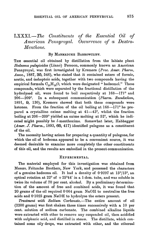 LXXXI.—The constituents of the essential oil of American Pennyroyal. Occurrence of a dextro-menthone