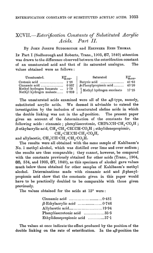 XCVII.—Esterification constants of substituted acrylic acids. Part II