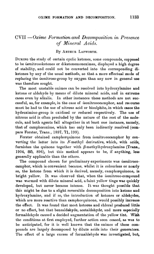 CVII.—Oxime formation and decomposition in presence of mineral acids