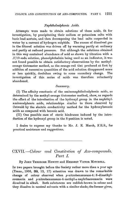 CXVII.—Colour and constitution of azo-compounds. Part I