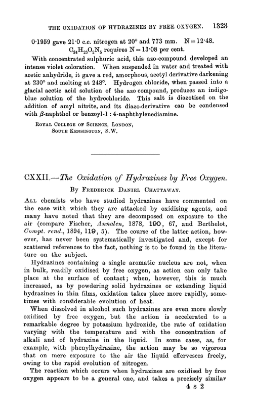CXXII.—The oxidation of hydrazines by free oxygen