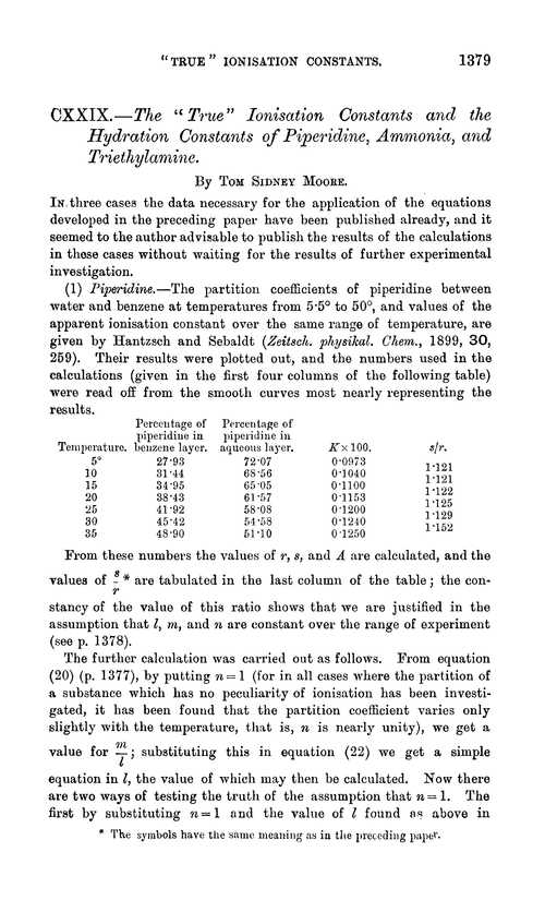 CXXIX.—The “true” ionisation constants and the hydration constants of piperidine, ammonia, and triethylamine