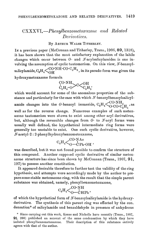 CXXXVI.—Phenylbenzometoxazone and related derivatives