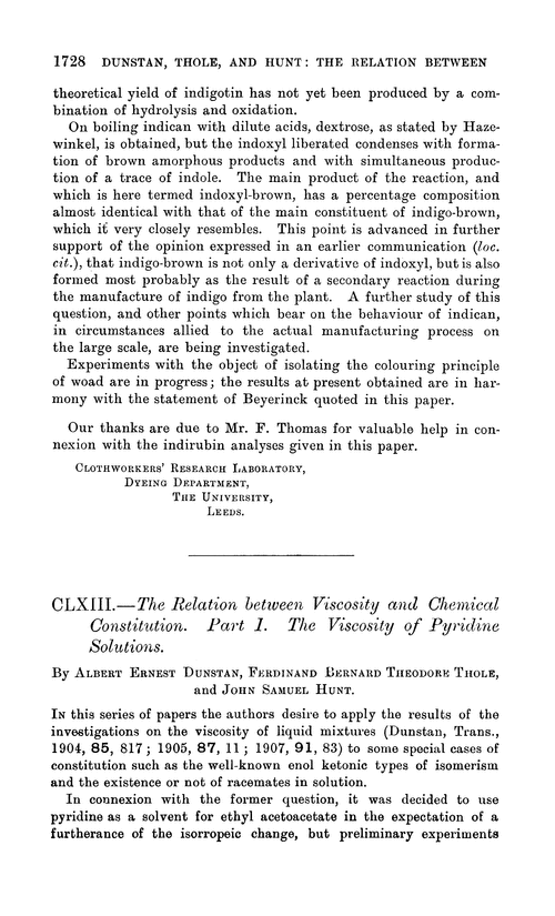 CLXIII.—The relation between viscosity and chemical constitution. Part I. The viscosity of pyridine solutions