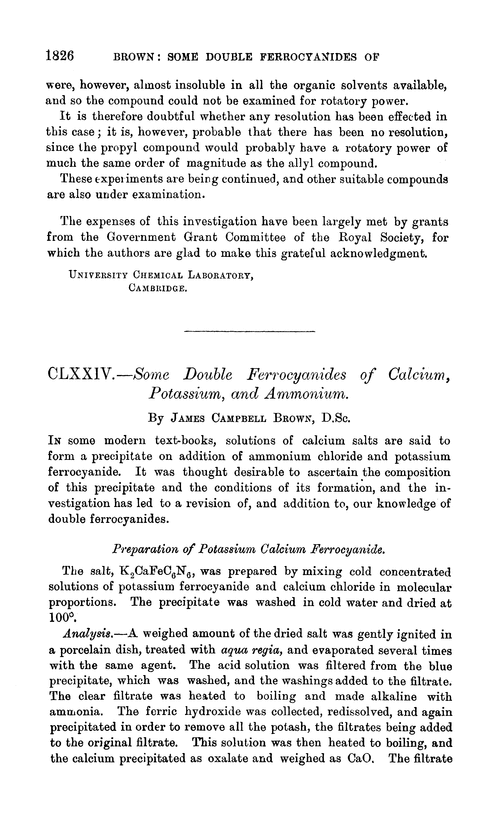 CLXXIV.—Some double ferrocyanides of calcium, potassium, and ammonium
