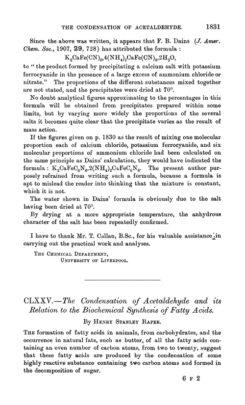 CLXXV.—The condensation of acetaldehyde and its relation to the biochemical synthesis of fatty acids