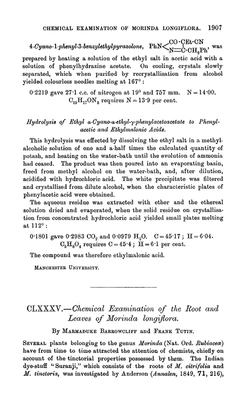 CLXXXV.—Chemical examination of the root and leaves of Morinda longiflora