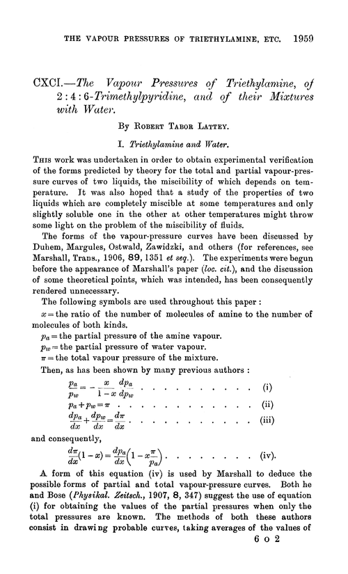 CXCI.—The vapour pressures of triethylamine, of 2 : 4 : 6-trimethylpyridine, and of their mixtures with water