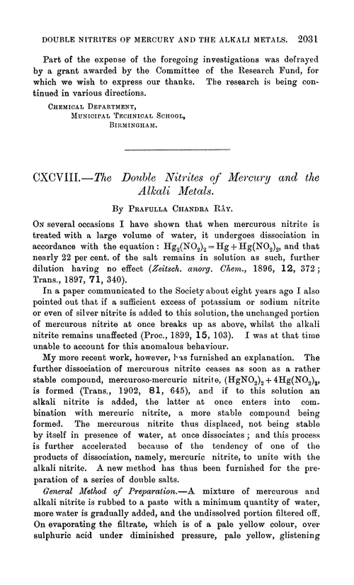 CXCVIII.—The double nitrites of mercury and the alkali metals